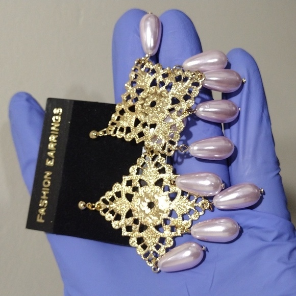 Women's Gold-tone Diamond Shape Filigree Design Beaded Drop Dangle Earrings, #3 - Picture 4 of 5